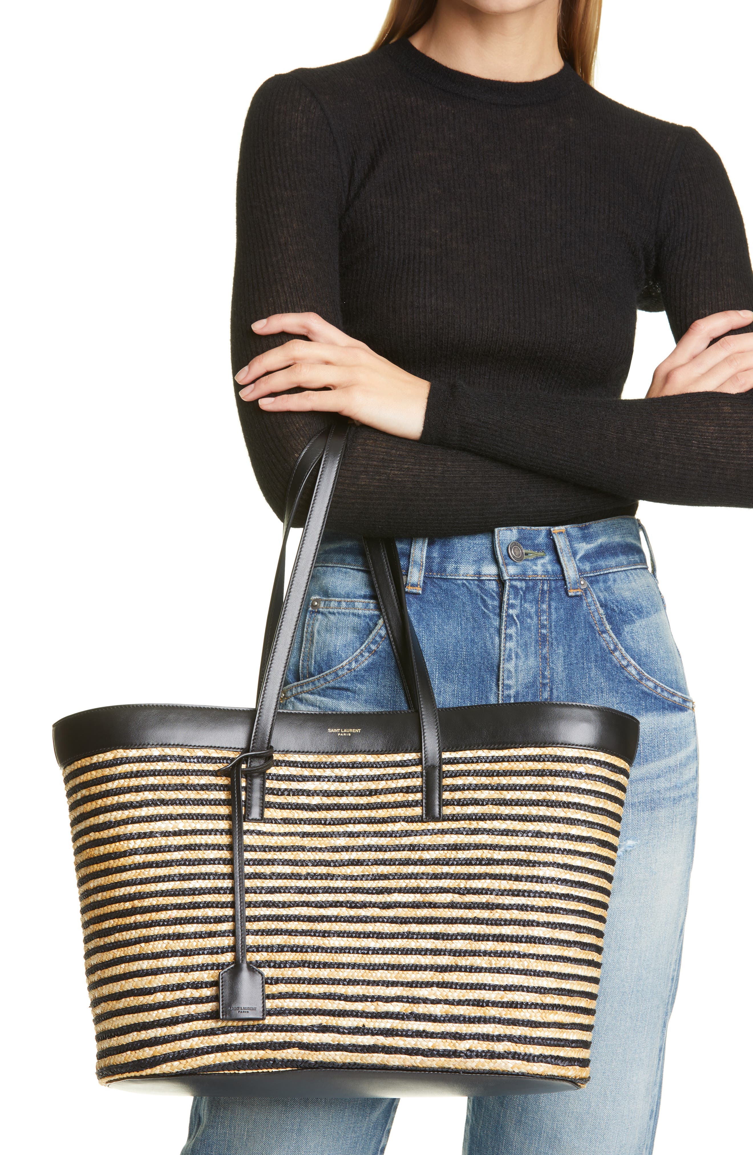 Saint Laurent Stripe Straw Shopper, Alternate, color, 