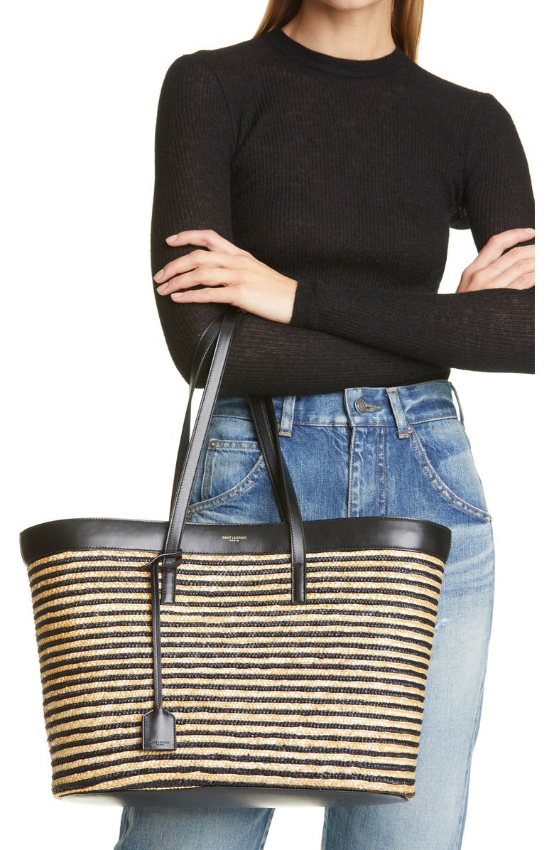 Saint Laurent Stripe Straw Shopper, Alternate, color,