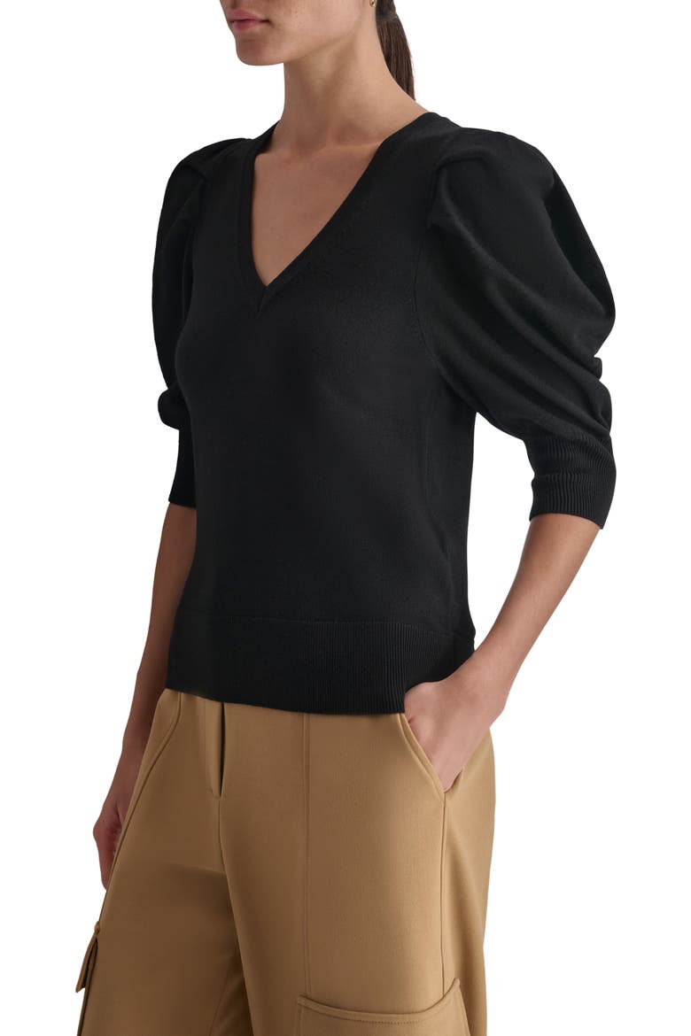 Puff Sleeve V-Neck Sweater, Alternate, color, BLACK