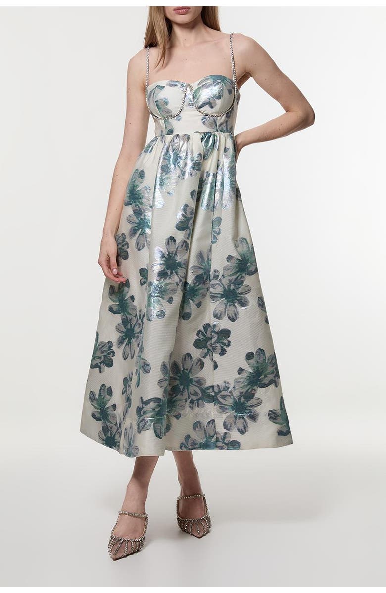 Karen Millen Metallic Jacquard Midi Dress, Alternate, color, Blue