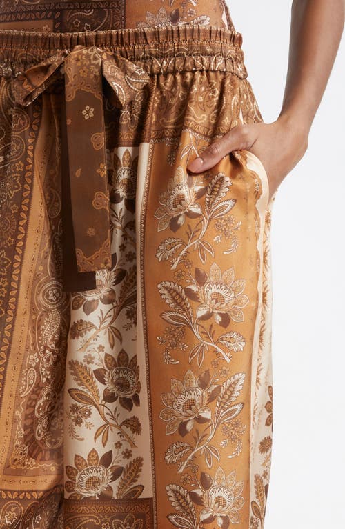 Zimmermann Lucky Brown Pants With Elastic Drawstring Waist And All-over Floral Print In Silk Woman