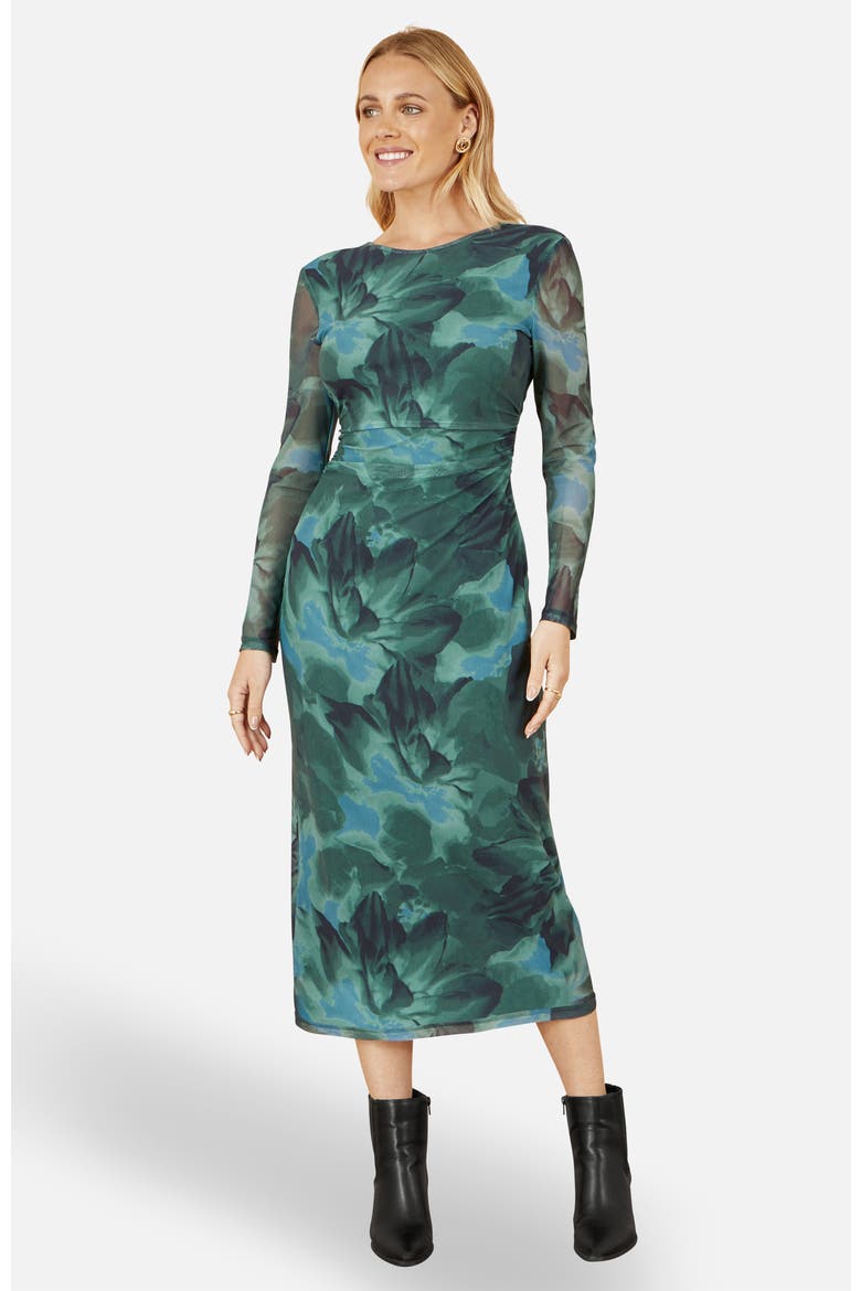 Floral Mesh With Tie Back Bodycon Dress, Alternate, color, Green