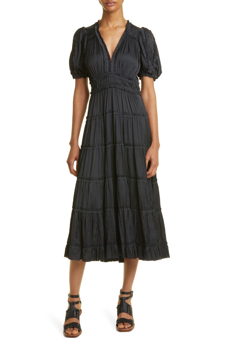 Olivia Pleated Tiered Dress, Main, color, NOIR