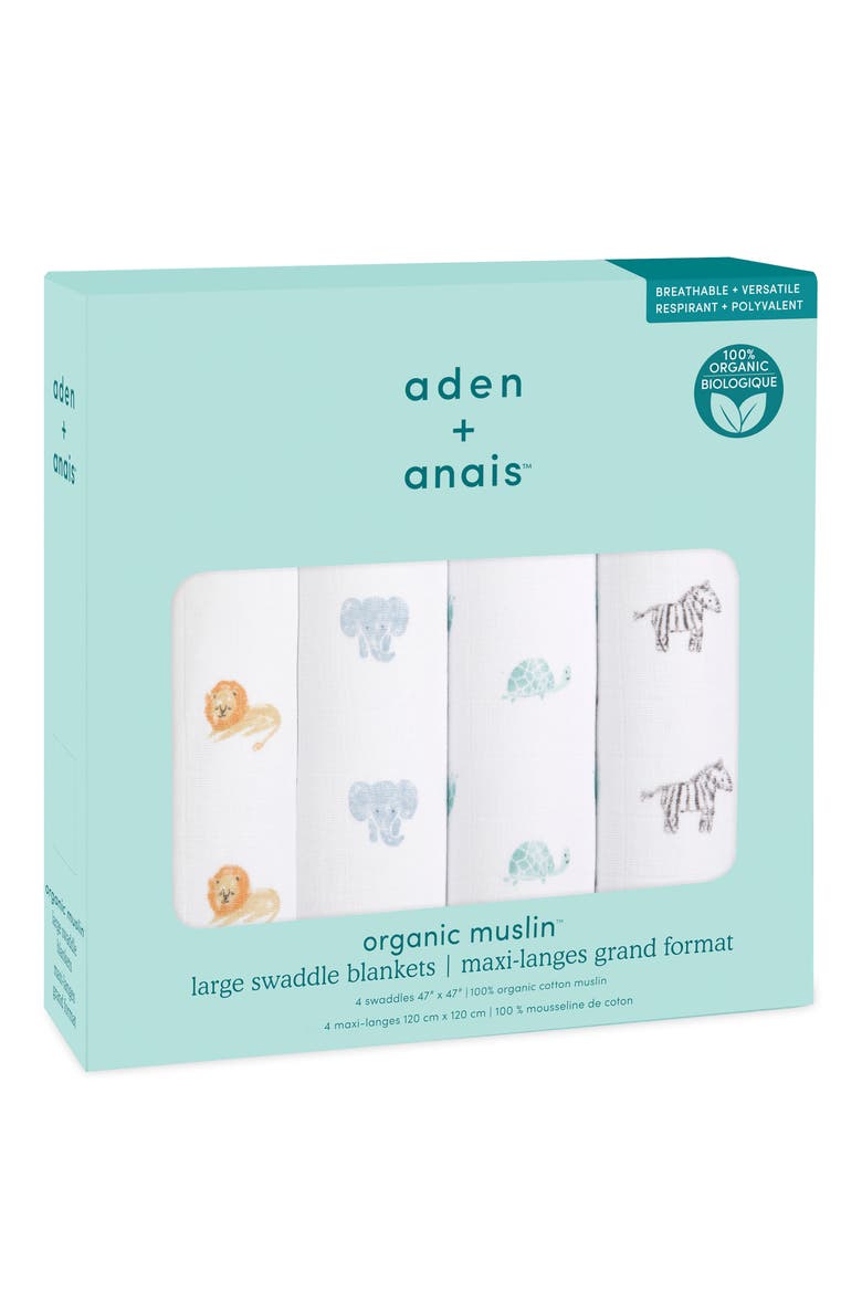 Assorted 4-Pack Organic Cotton Muslin Swaddling Cloths, Alternate, color, ANIMAL KINGDOM