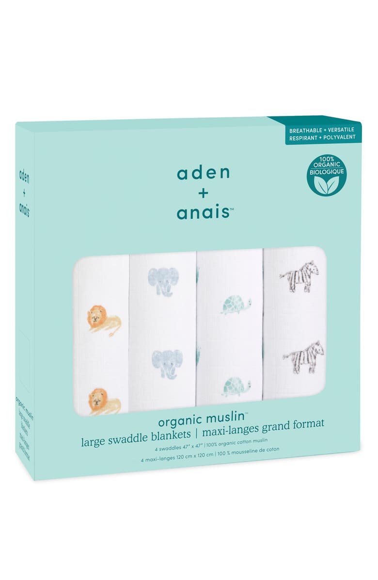 aden + anais Assorted 4-Pack Organic Cotton Muslin Swaddling Cloths, Alternate, color, Animal Kingdom