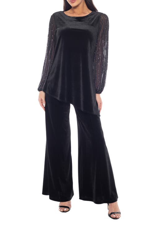 Velvet Embellished Sleeve Top & Flare Pants Set