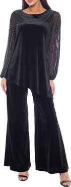 Marina Velvet Embellished Sleeve Top & Flare Pants Set