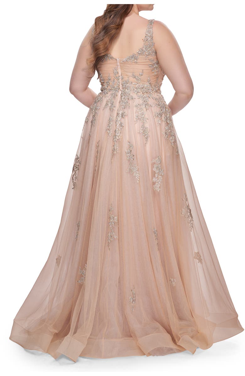 La Femme Lace Embellished Tulle A-Line Dress with Illusion Back, Alternate, color, Champagne