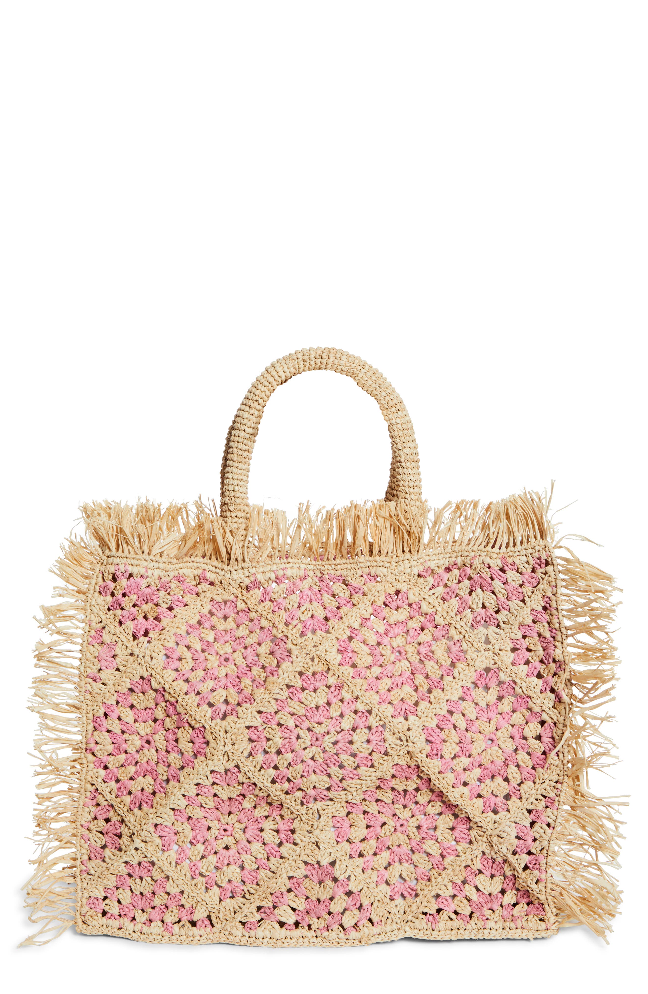 Najoom Crochet Raffia Tote, Main, color, PINK