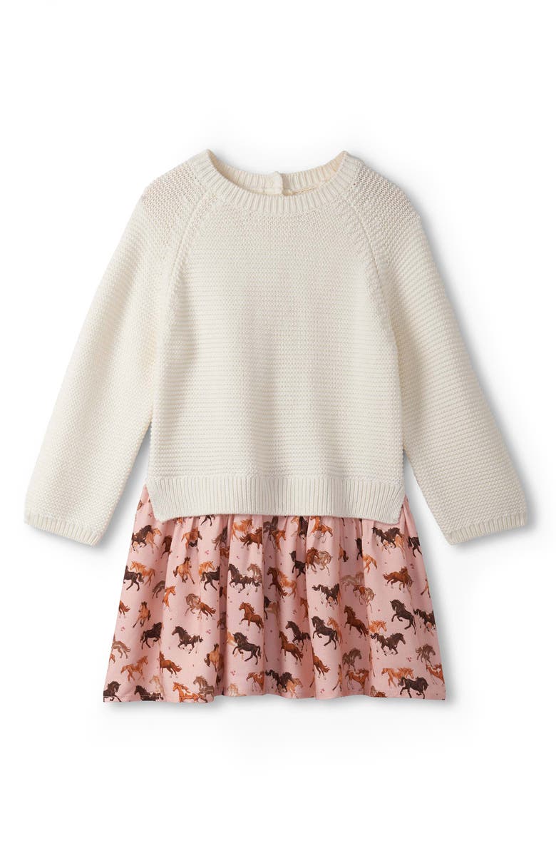 Hatley Tinsel Horses Mixed Media Sweater Dress, Main, color, Natural