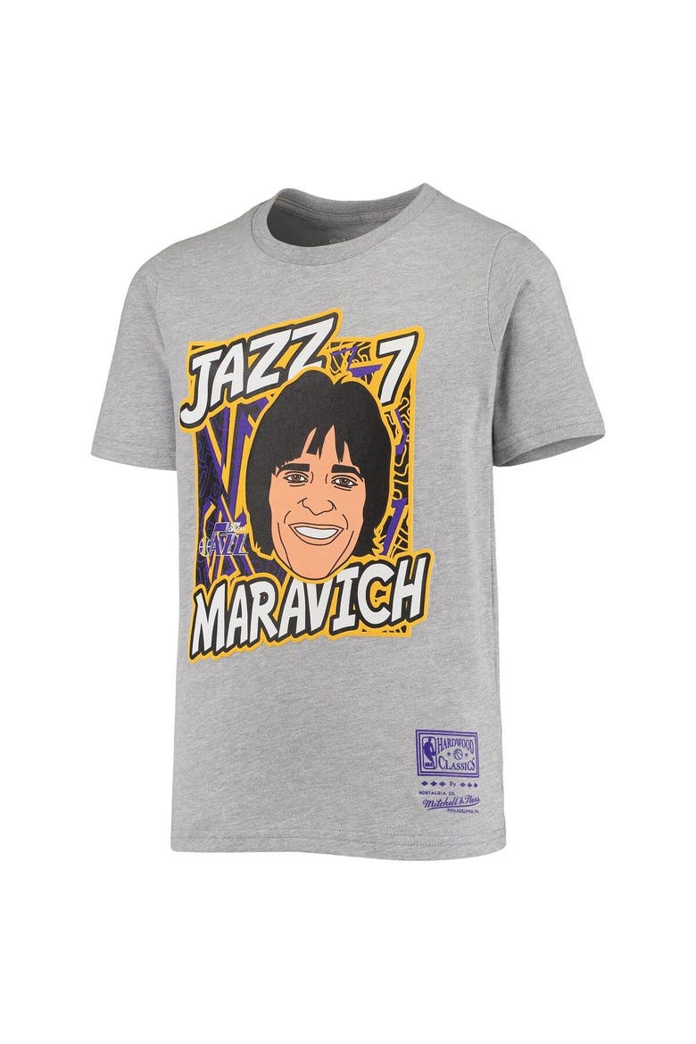 Youth Mitchell & Ness Pete Maravich Heathered Gray New Orleans Jazz Hardwood Classics King of the Court Player T-Shirt, Alternate, color, Heather Gray
