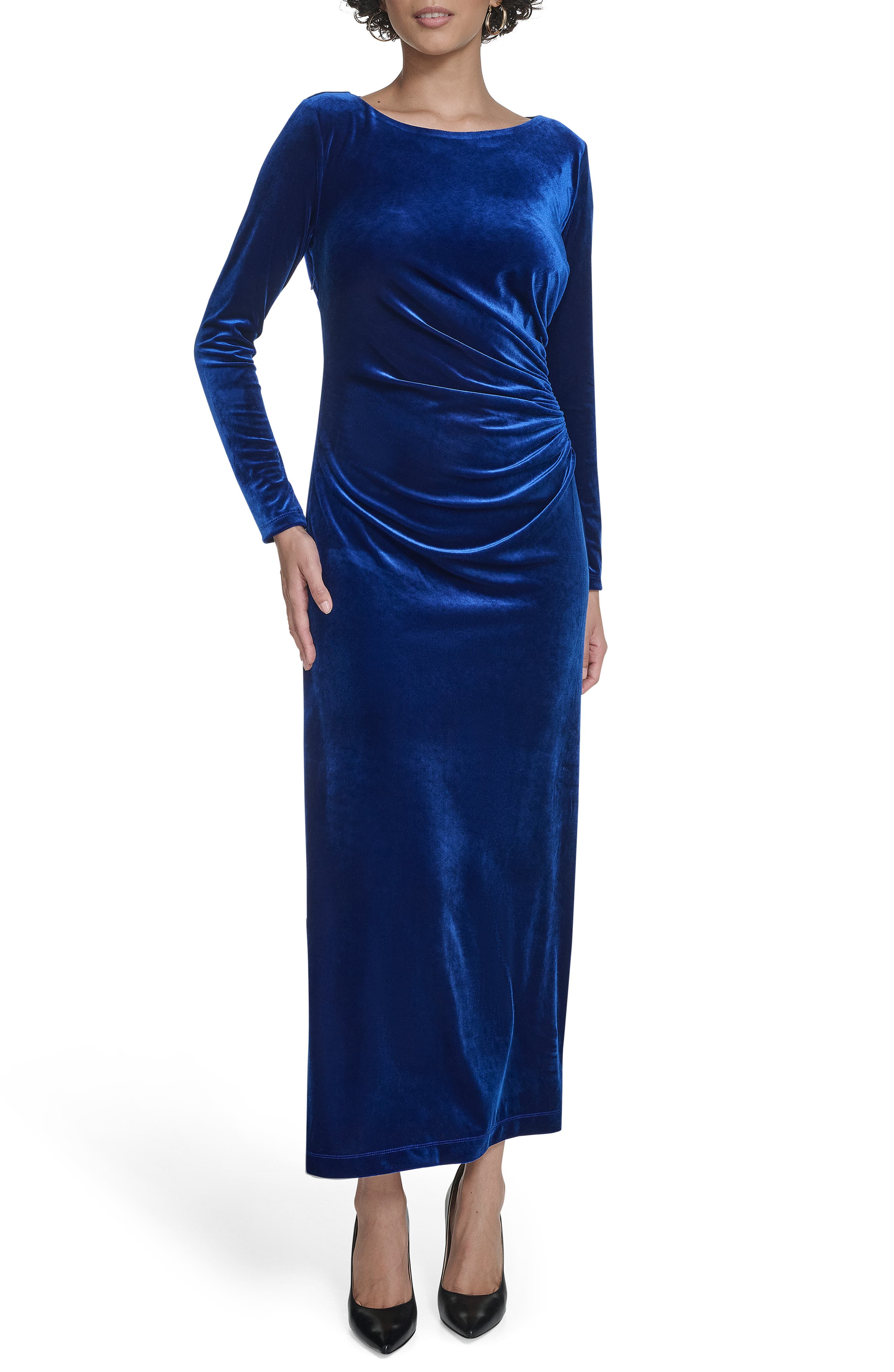 Calvin Klein Long Sleeve Ruched Velvet Gown