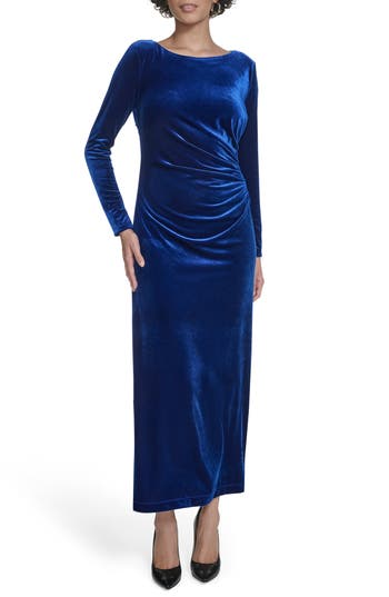 Calvin Klein Long Sleeve Ruched Velvet Gown In Blue
