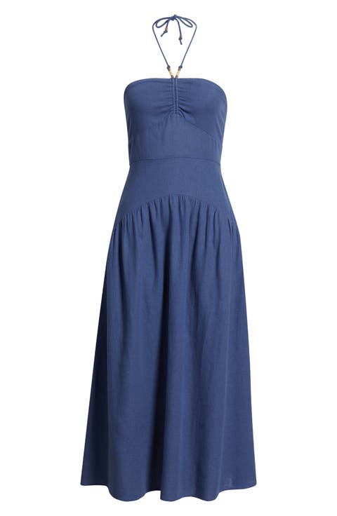 Halter Neck Drop Waist Linen Blend Maxi Dress
