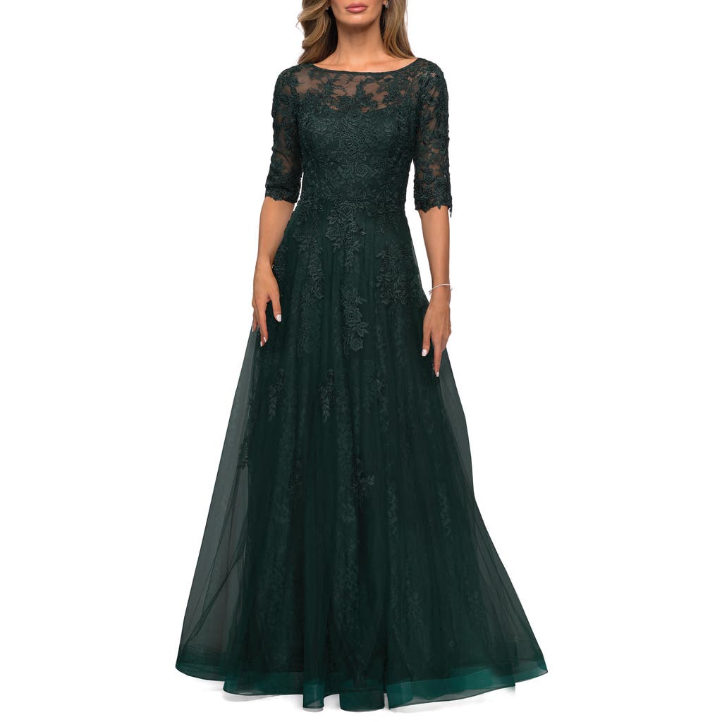 La Femme Lace And Tulle A-line Gown With Three Quarter Sleeves In Emerald