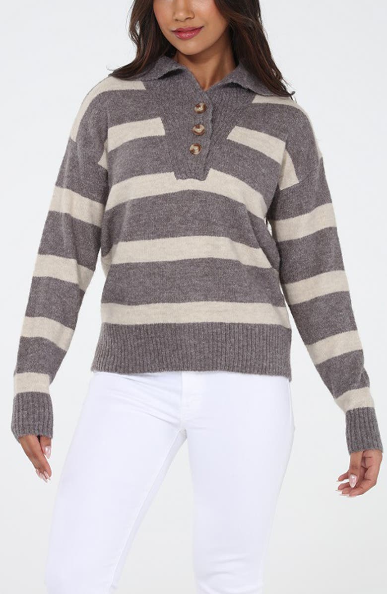 RAIN AND ROSE Stripe Knit Polo Sweater, Main, color, Grey