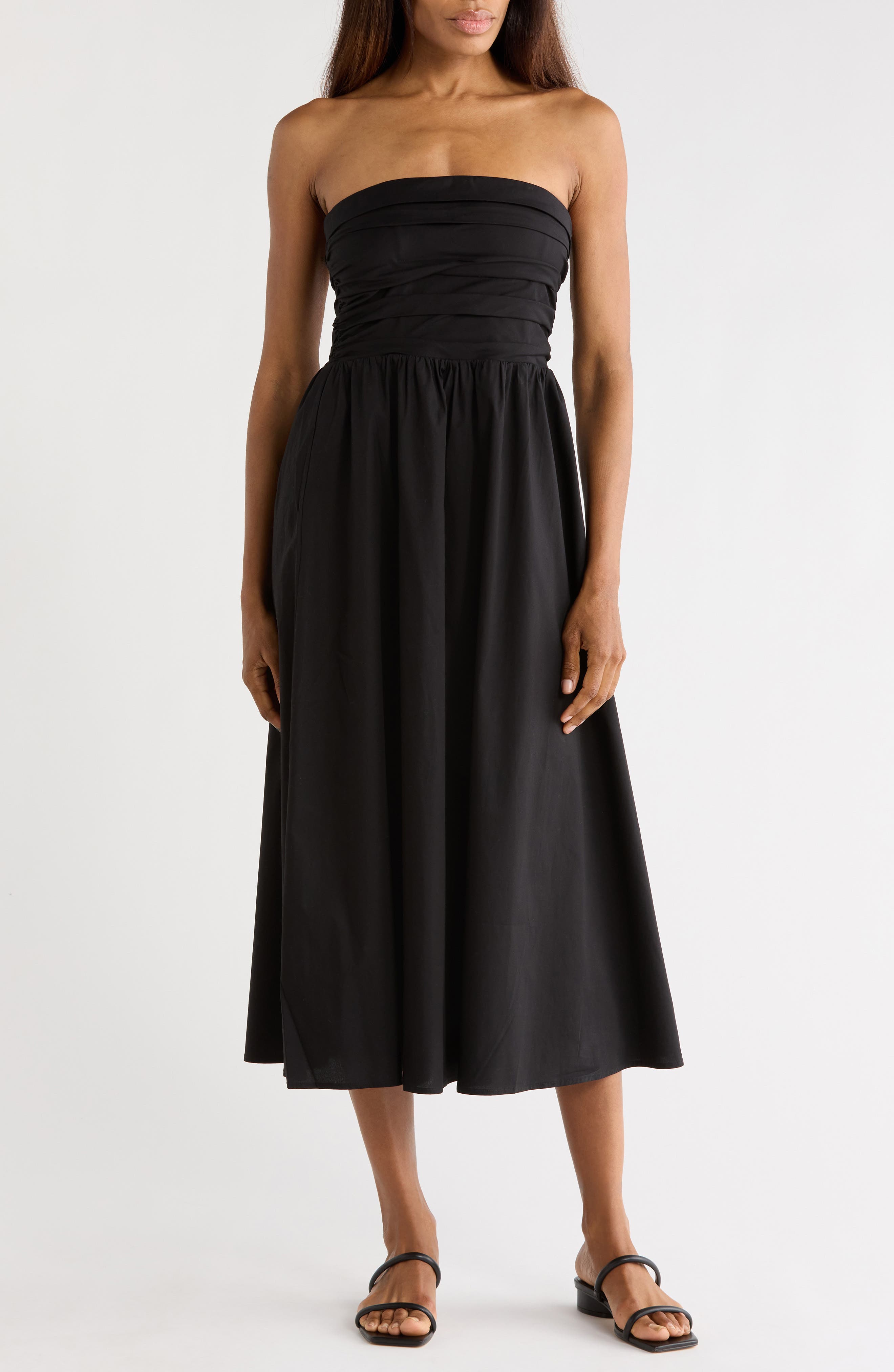 WAYF <p>Ruched Strapless Midi Dress</p>