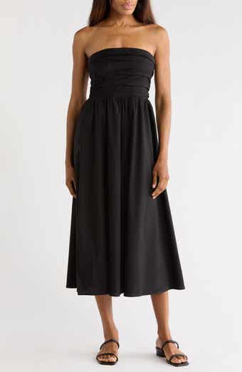 WAYF <p>Ruched Strapless Midi Dress</p>