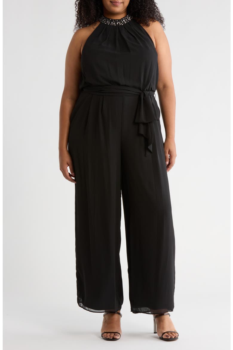 Crystal Embellished Sleeveless Wide Leg Jumpsuit, Main, color, BLACK