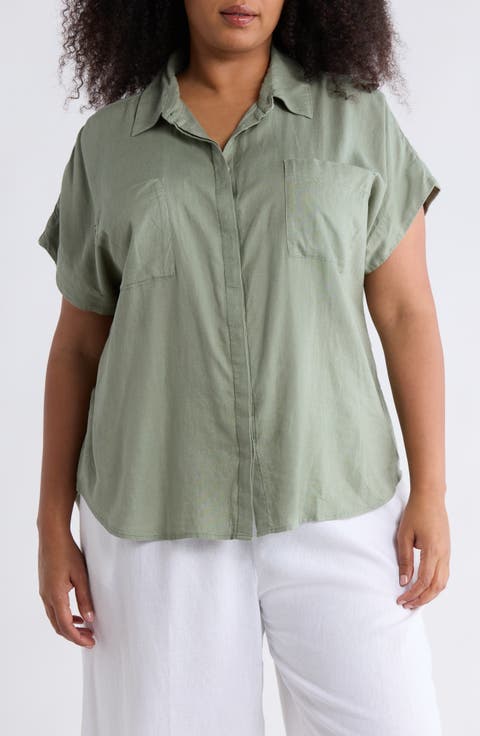 Double Pocket Linen Blend Camp Shirt (Plus)