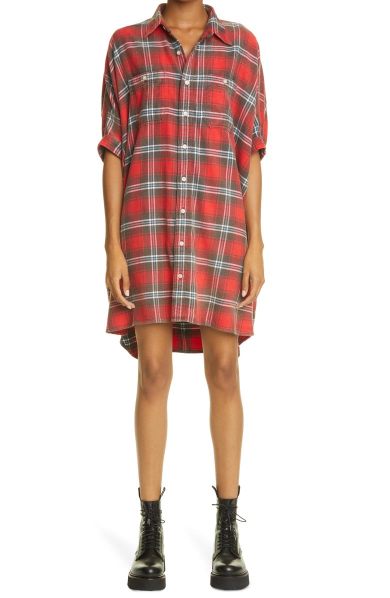 R13 Plaid Oversize Cotton Flannel Shirtdress, Alternate, color, Red Plaid