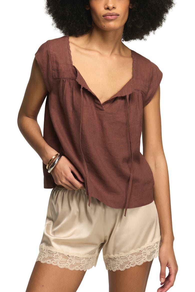Lace Trim Tie Neck Linen Blend Top, Main, color, MARRON