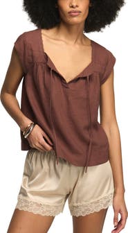 Lucky Brand Lace Trim Tie Neck Linen Blend Top