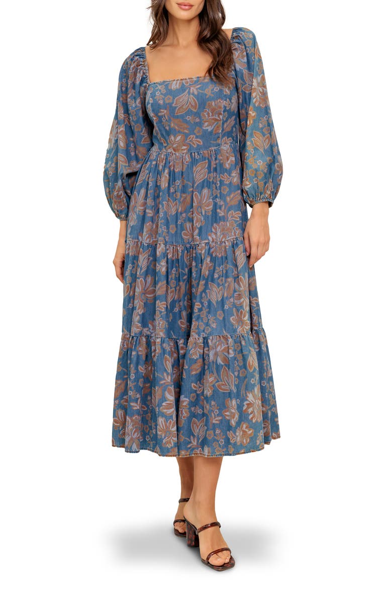 Floral Balloon Sleeve Chambray Midi Dress, Alternate, color, CHAMBRAY