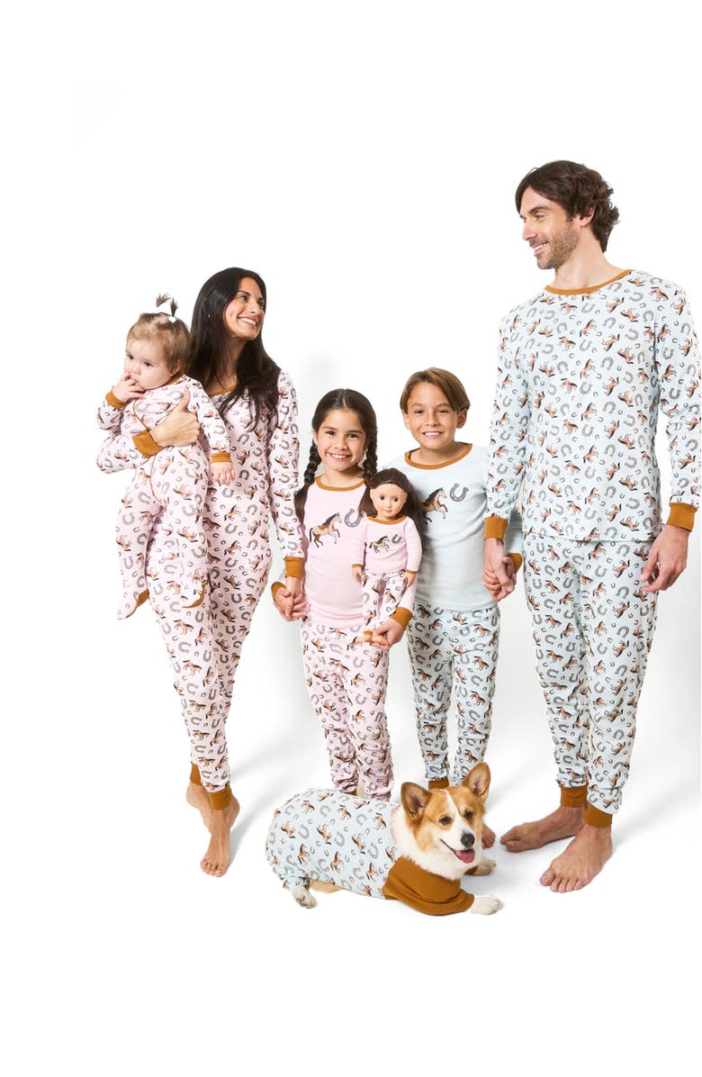 Leveret Footed Printed Cotton Matching Family Pajamas, Coordinated Prints, Alternate, color, Blue Horse