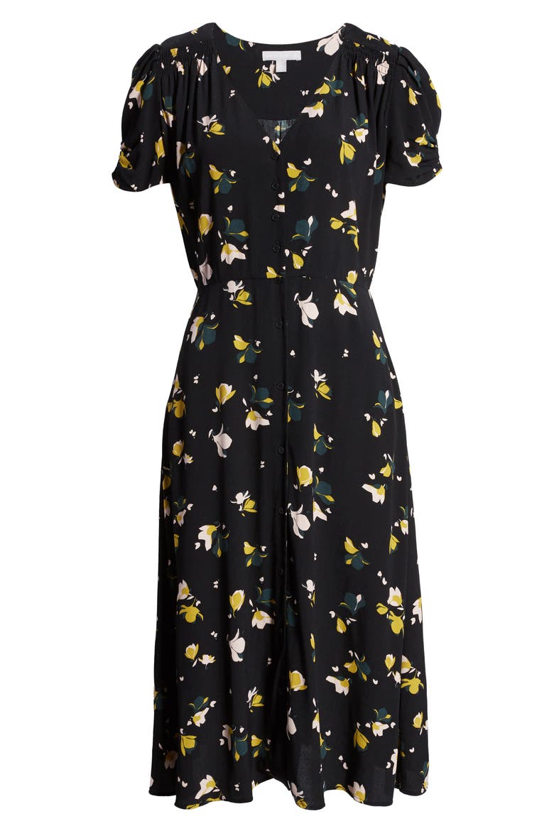 Floral Ruched Sleeve Dress, Alternate, color, BLACK- OLIVE MINI PRINT MIX