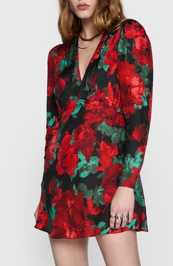 Rebecca Minkoff Aiden Floral Long Sleeve Minidress In Black Rose