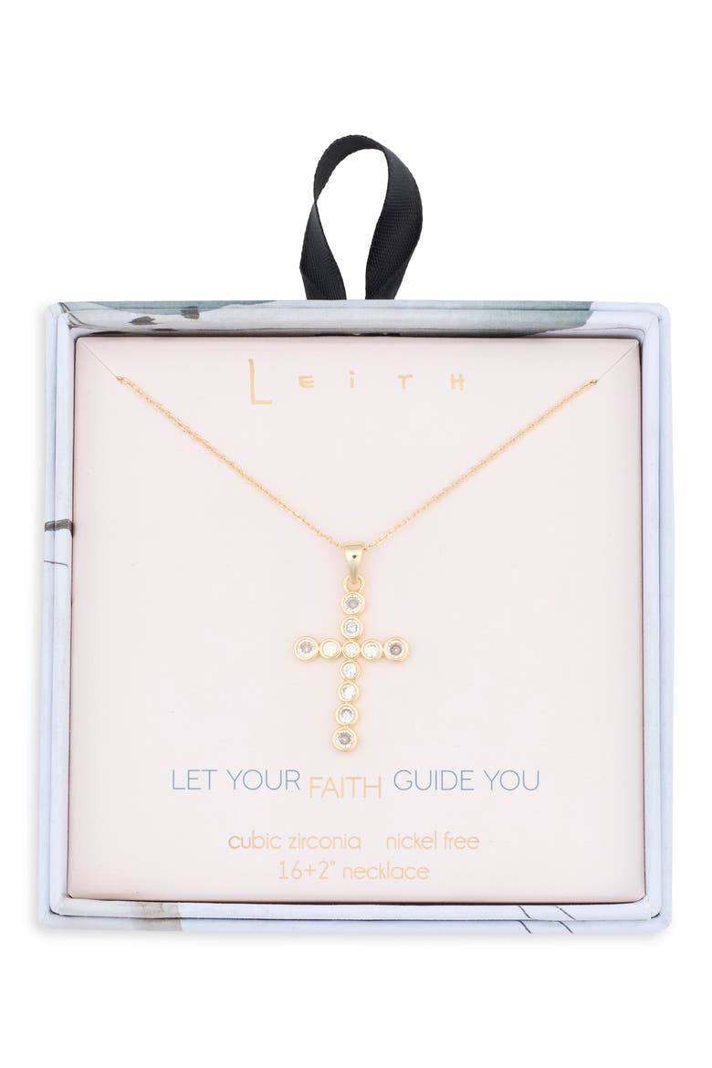 Cubic Zirconia Bezel Cross Pendant Necklace, Main, color, CLEAR- GOLD