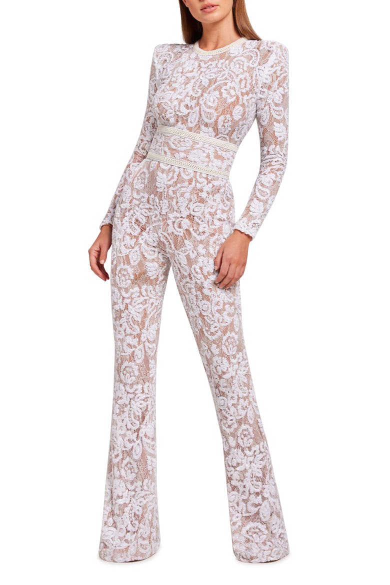 Bella Long Sleeve Lace Jumpsuit, Main, color, WHITE