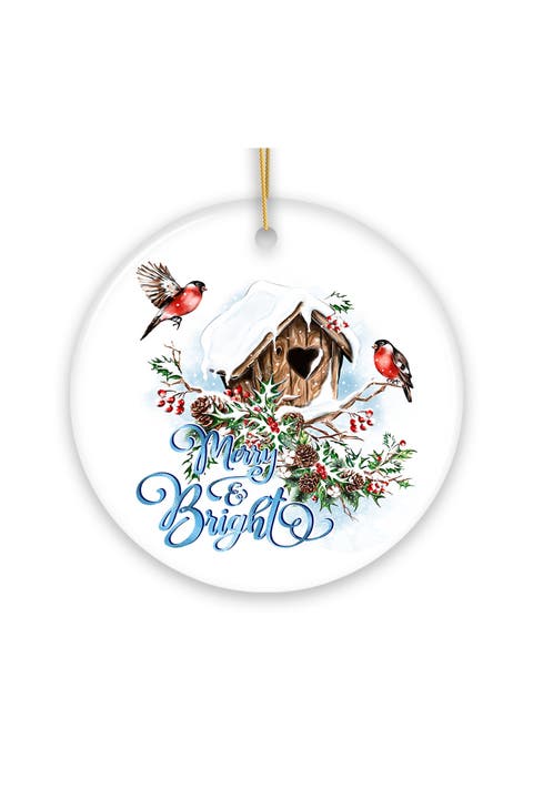 Merry And Bright Snowy Birdhouse Ceramic Ornament