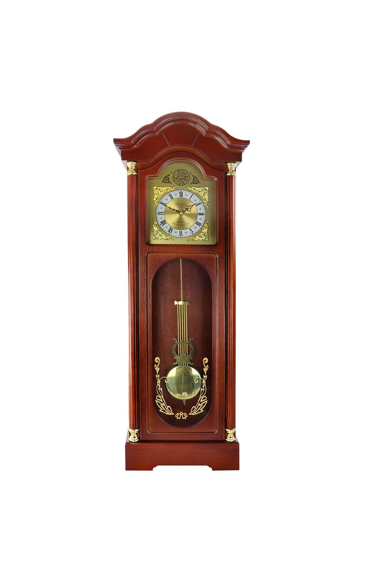 Bedford Clock Collection 33in Chiming Pendulum Wall Clock, Main, color, Cherry Oak