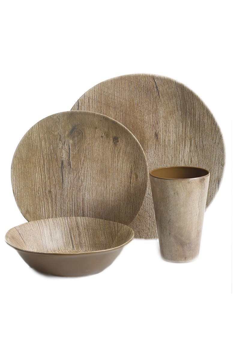 Gibson Elite Woodlands 16 Piece Melamine Wood Grain Decal Dinnerware Set, Alternate, color, Brown
