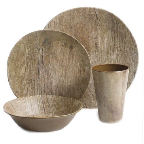Gibson Elite Woodlands 16 Piece Melamine Wood Grain Decal Dinnerware Set In Brown
