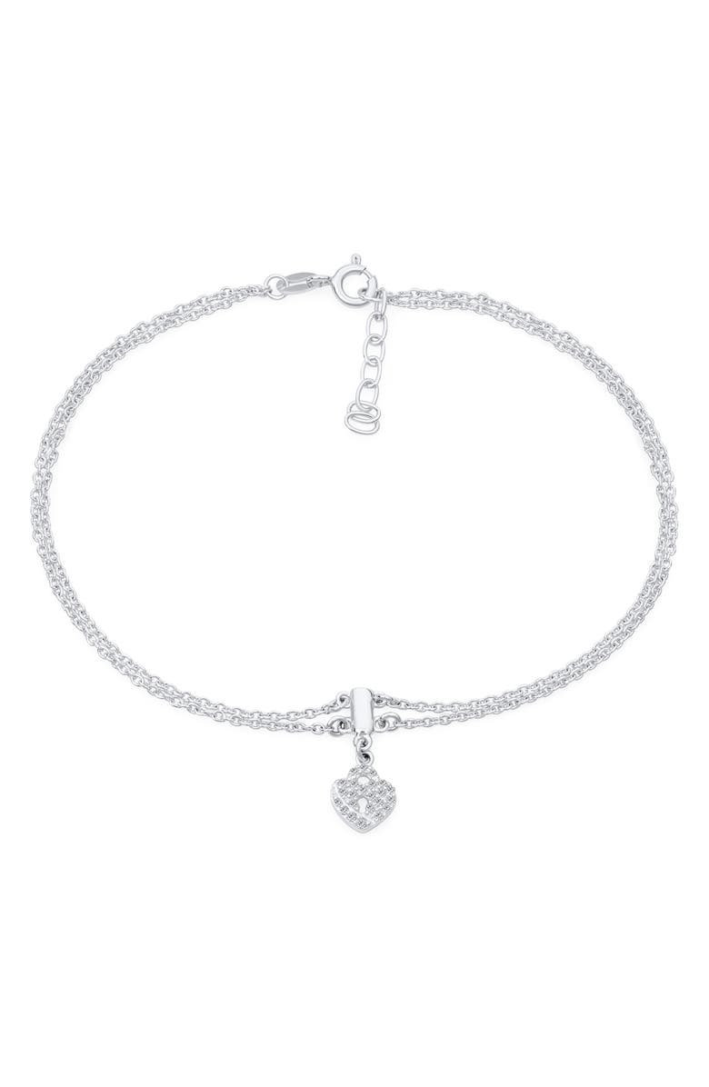 BLING JEWELRY Sterling Silver Heart Lock CZ Charm Anklet, Alternate, color,
