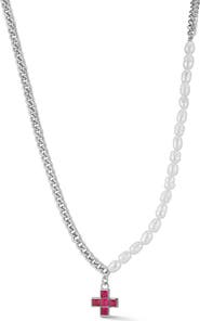 CHLOE AND MADISON Partial Faux Pearl Cross Pendant Necklace