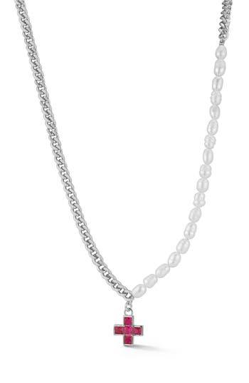 Chloe & Madison Chloe And Madison Partial Faux Pearl Cross Pendant Necklace In Silver