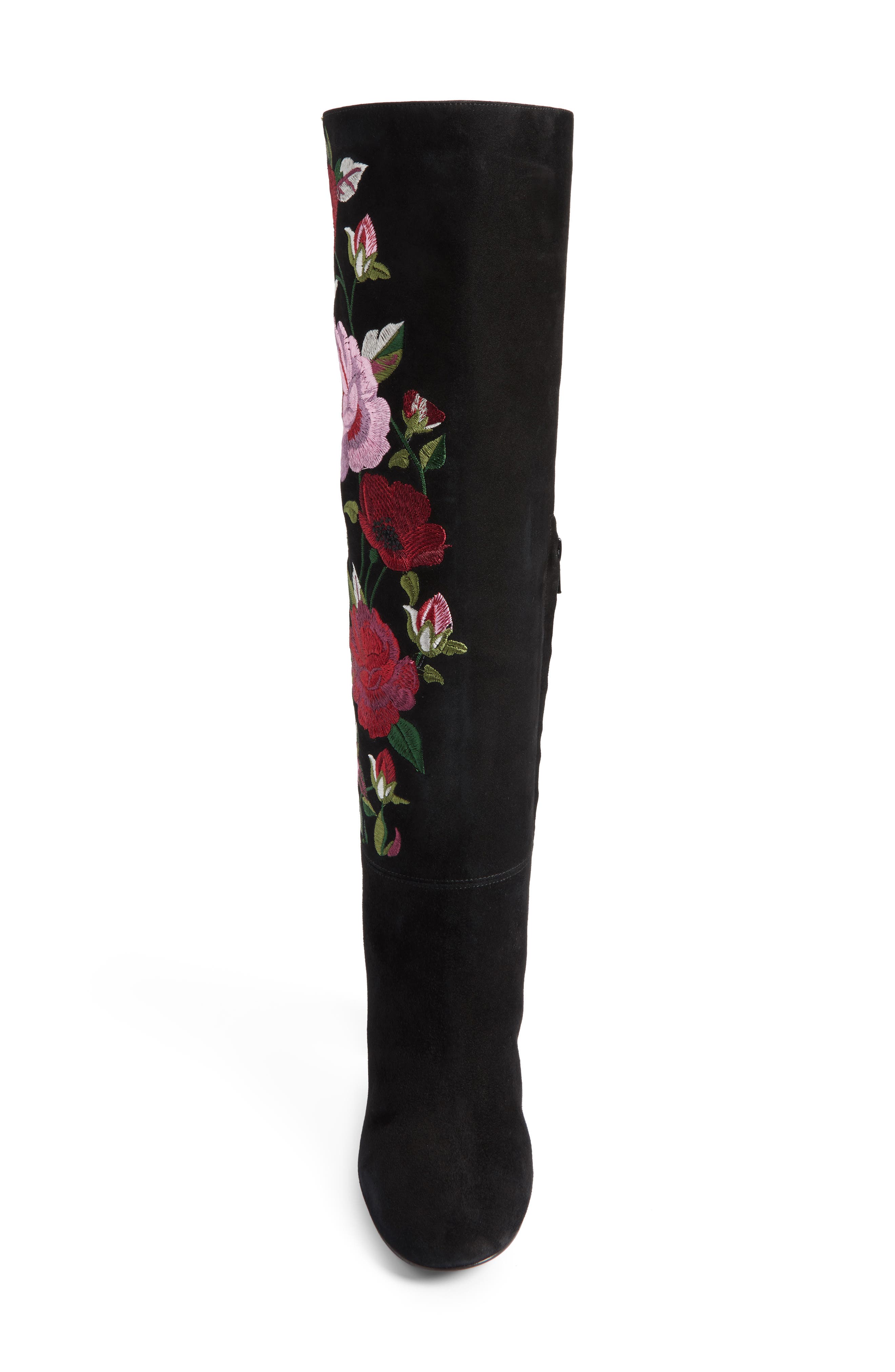 greenfield flower embroidered boot, Alternate, color, BLACK SUEDE