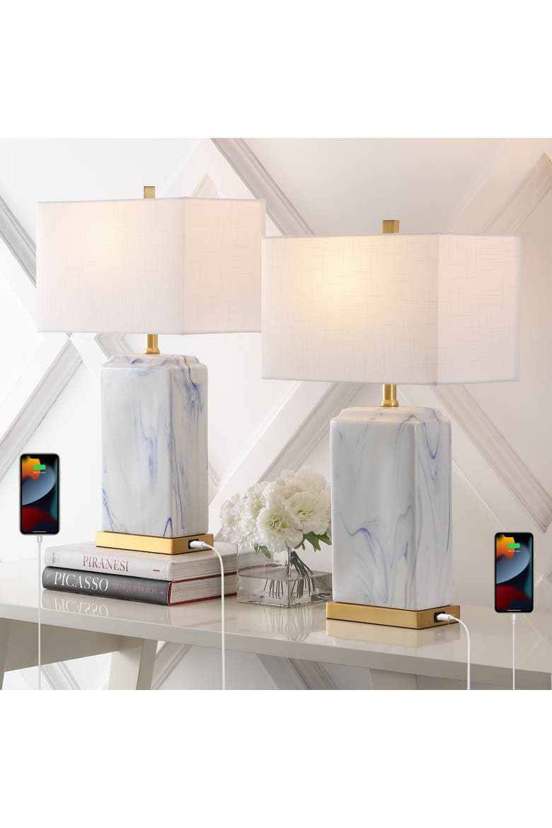 Chloe 24.5" Modern Coastal Iron/Marbled Ceramic LED Table Lamp with USB Charging Port, Blue/White, Alternate, color, Blue/White