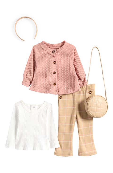 Rib Long Sleeve T-Shirt, Cable Stitch Cardigan, Windowpane Leggings, Headband & Crossbody Bag (Baby)