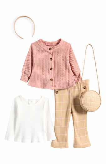 Rachel Zoe Rib Long Sleeve T-Shirt, Cable Stitch Cardigan, Windowpane Leggings, Headband & Crossbody Bag