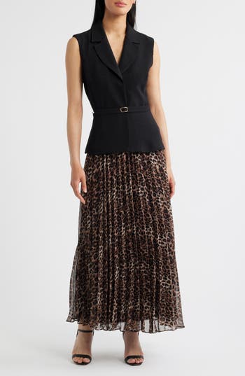 Julia Jordan Faux Two-Piece Sleeveless Belted Maxi Dress in Black Brown at Nordstrom Rack, Size 4