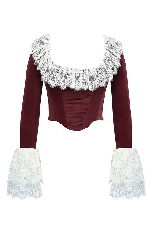 House Of Cb Jacinda Ruffle Velvet Corset Top In Cabernet