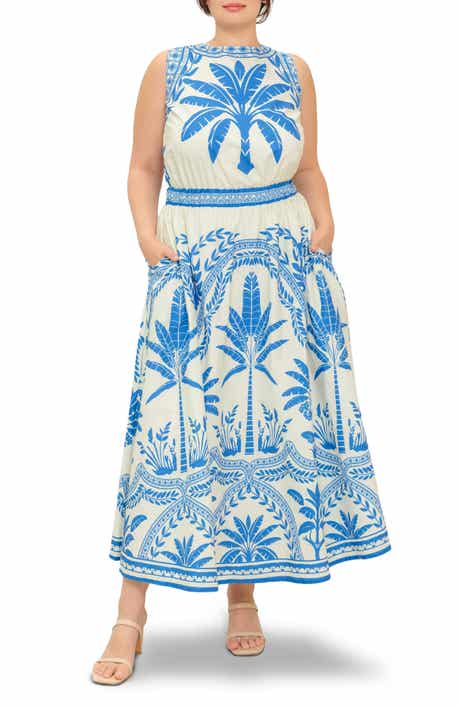 FLYING TOMATO Palm Print Cotton Midi Dress