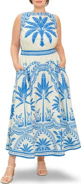 FLYING TOMATO Palm Print Cotton Midi Dress