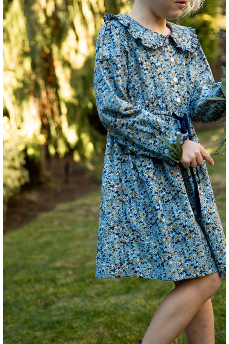 Little Kid Adelaide Velvet Tie Dress, Alternate, color, Blue and Mustard