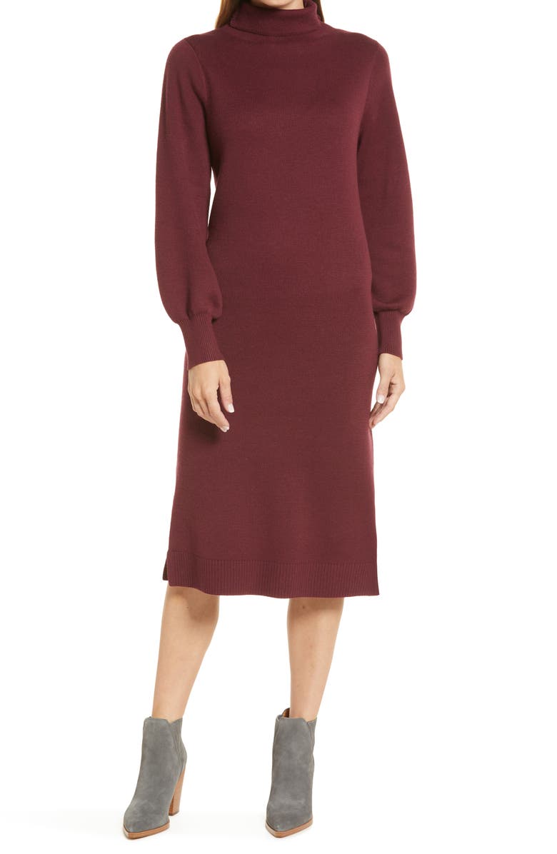 Caslon<sup>®</sup> Double Knit Long Sleeve Turtleneck Sweater Dress, Main, color, 